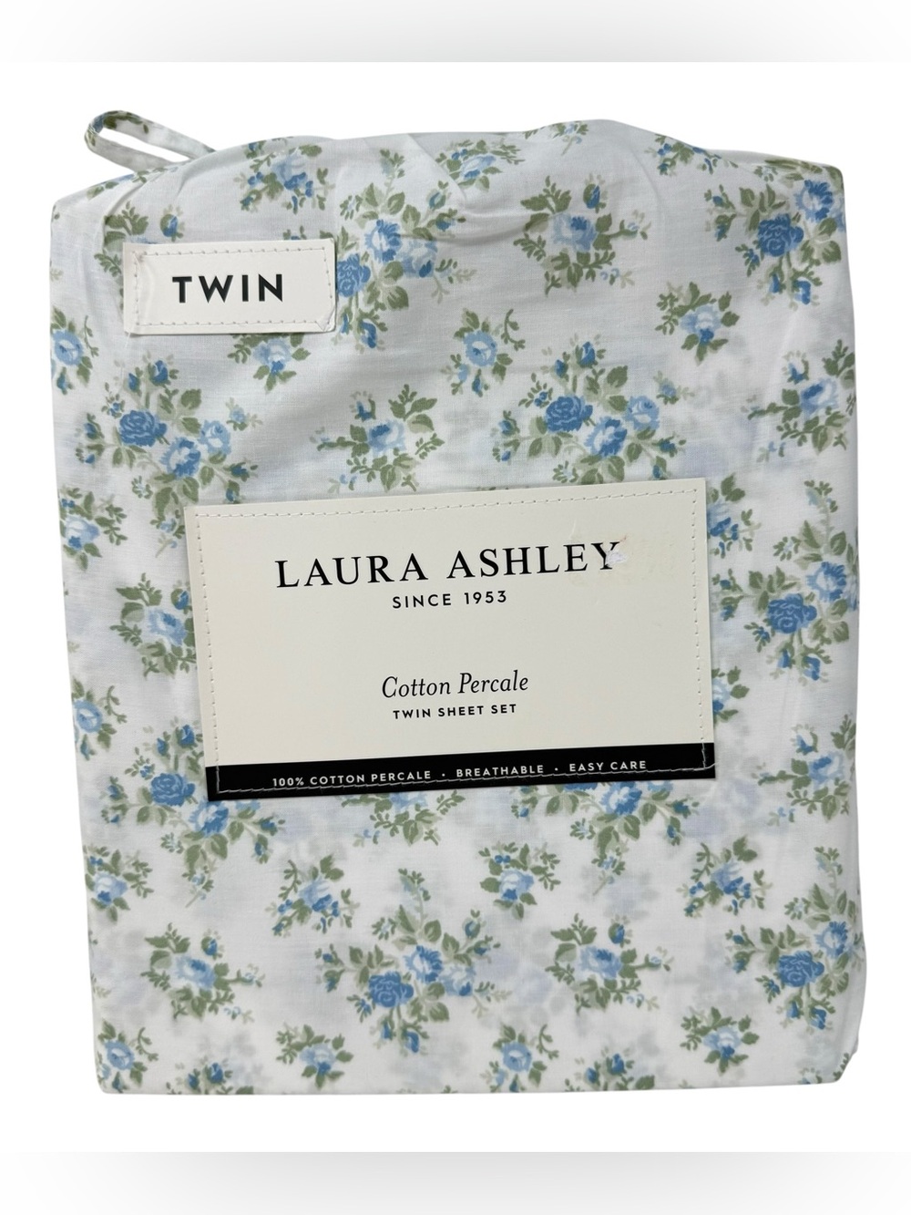 Laura Ashley Twin Size Sheet Set Taylor Blue Floral Cotton Percale NWT